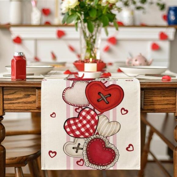 Valentines Day Table Runner Heart Dining Cloth Pink Red Farmhouse Cottage Decor - Picture 2 of 5